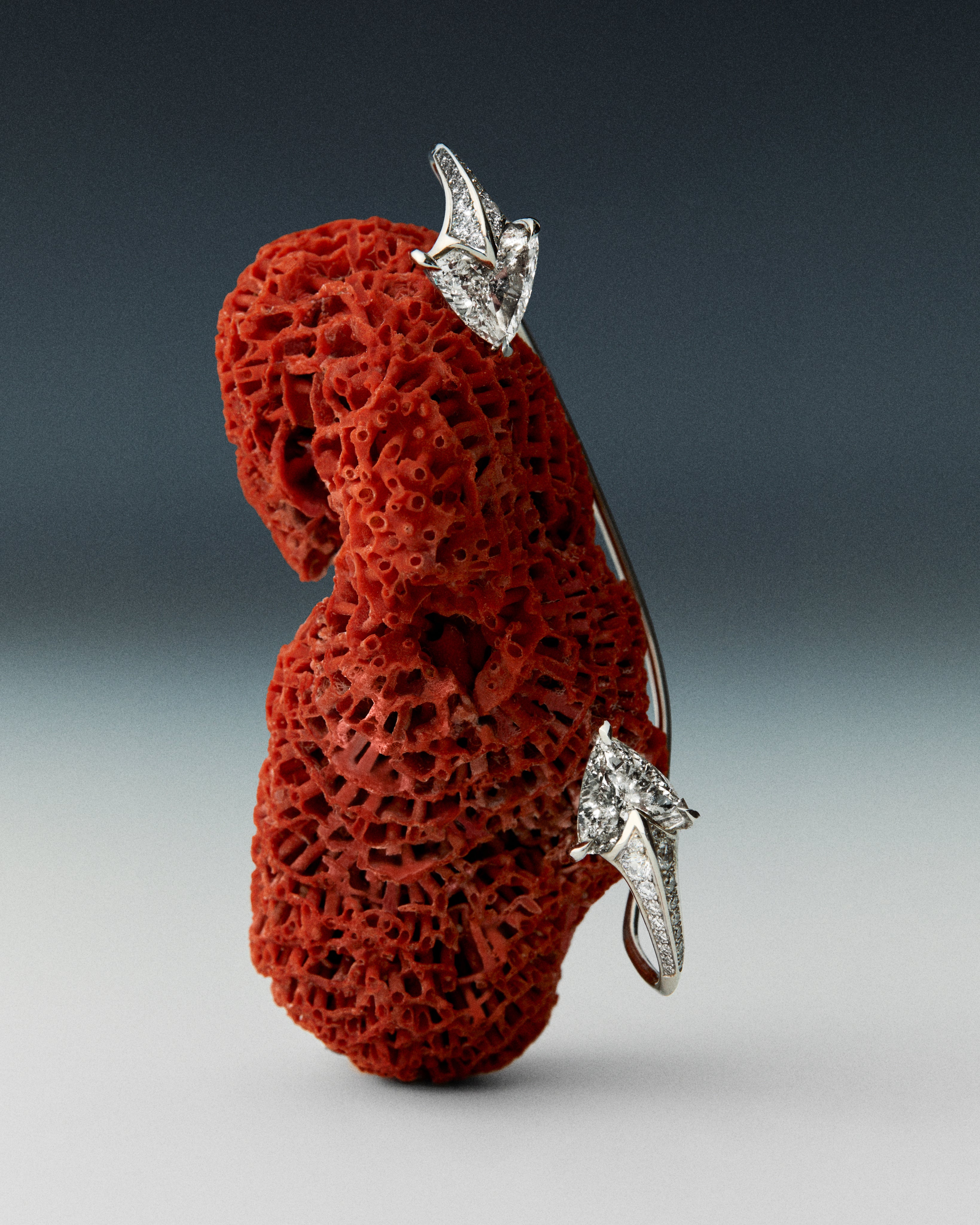 Boucle d'oreille Trillion en diamant de synthèse et or recyclé exposé sur une éponge de mer rouge.